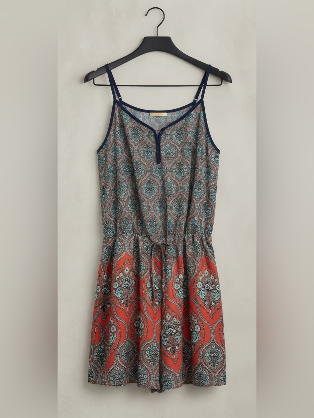 Women’s Printed Spaghetti-Strap Romper in Coral and Navy